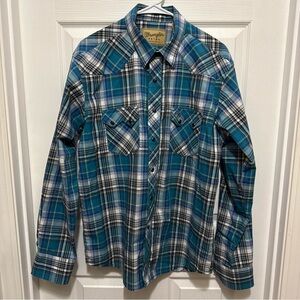 Wrangler Retro Western Shirt Men’s L Teal Blue Black White Plaid L/S Pearl Snap